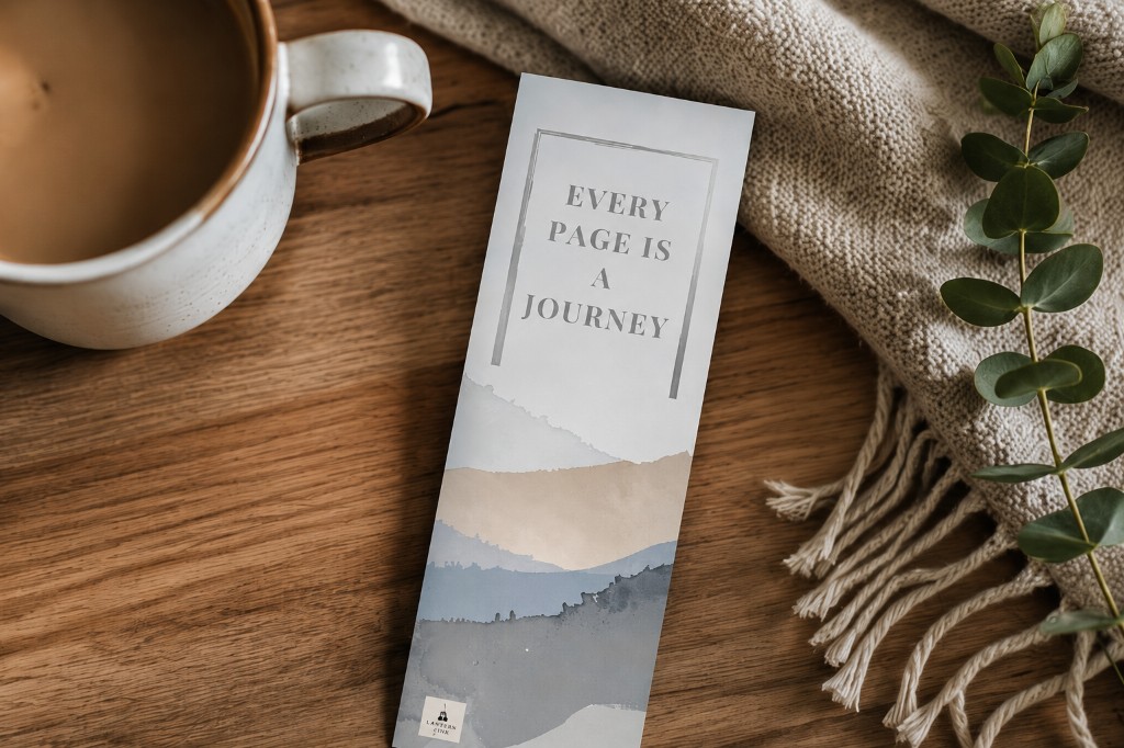 Every page is a journey bookmark beside a cup and knitted blanket