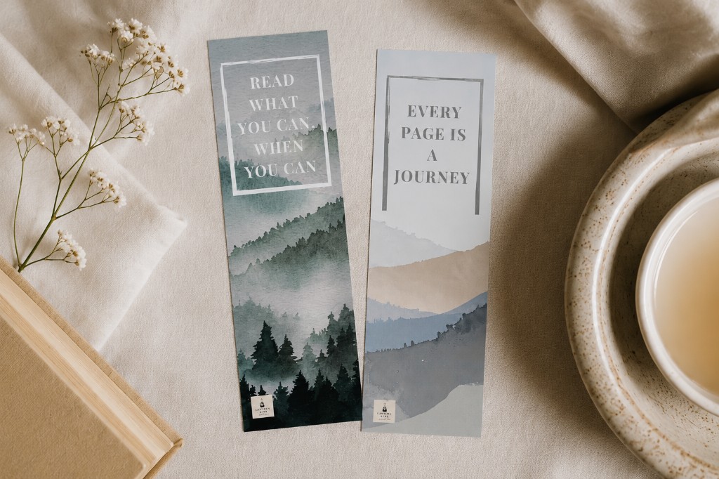 Two Lantern and Ink bookmark designs displayed on a soft reading surface